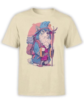 T-Shirt full view featuring Wizard Woof dog in wizard hat, robe, and staff on beige fabric