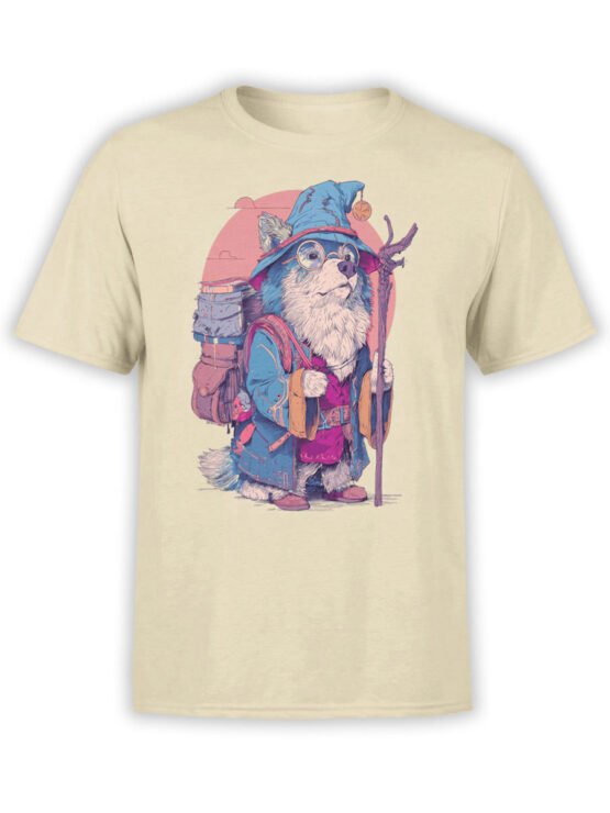T-Shirt full view featuring Wizard Woof dog in wizard hat, robe, and staff on beige fabric