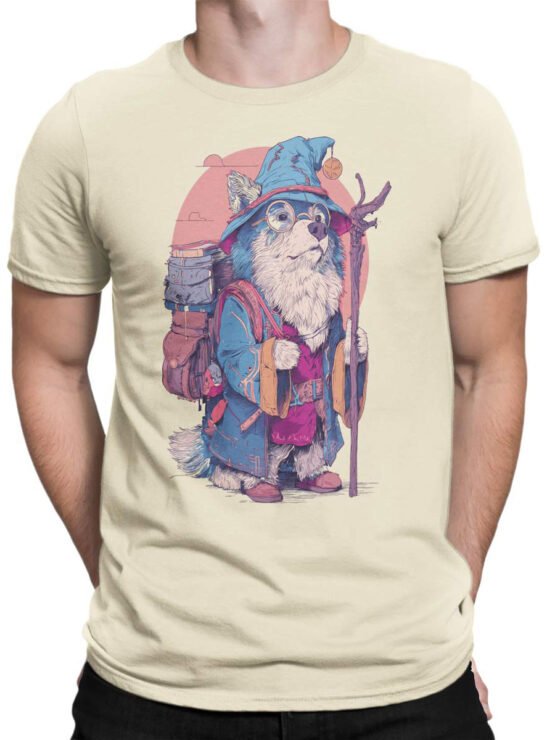 Unisex shirt on male torso styled casually, featuring Wizard Woof magical pup design