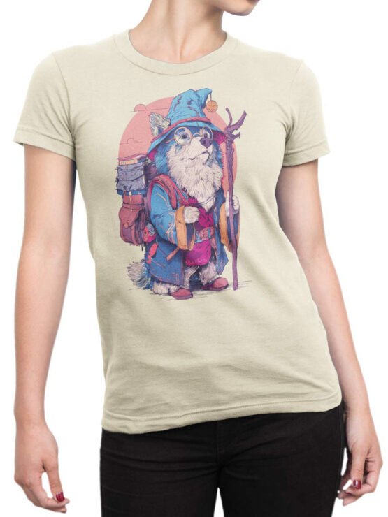 Unisex shirt on female torso showcasing Wizard Woof fantasy dog illustration with vibrant detail