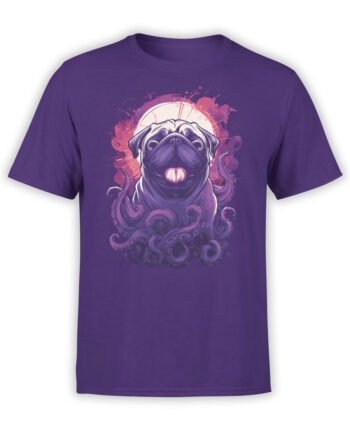 T-Shirt full view featuring Pugthulhu pug with tentacles and glowing moon on purple fabric