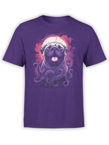 T-Shirt full view featuring Pugthulhu pug with tentacles and glowing moon on purple fabric