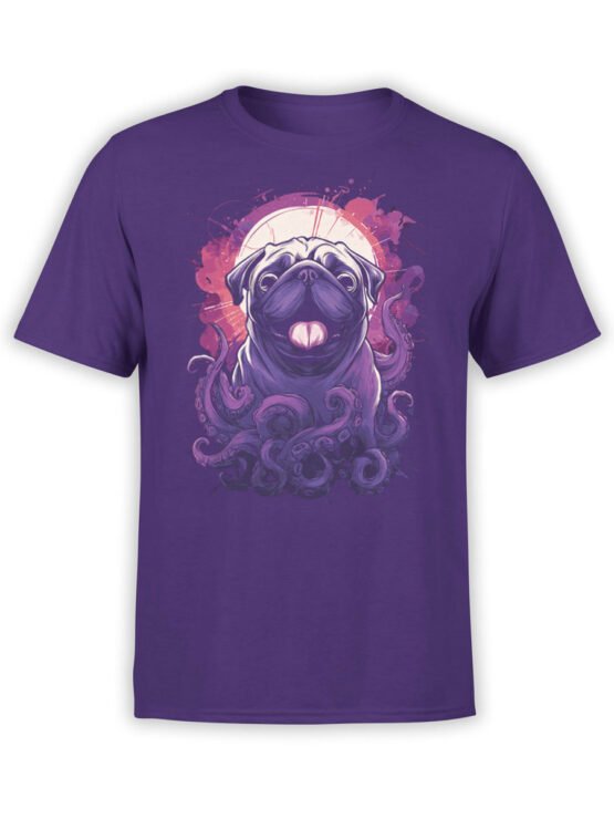 T-Shirt full view featuring Pugthulhu pug with tentacles and glowing moon on purple fabric