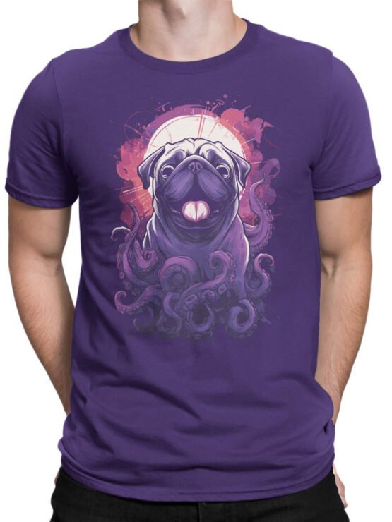 Unisex shirt on male torso styled with jeans, showcasing Pugthulhu horror-comedy design
