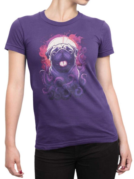 Unisex shirt on female torso featuring Pugthulhu pug with surreal cosmic tentacles