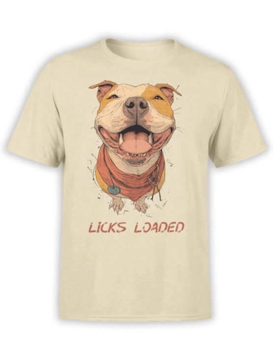 T-Shirt full view featuring Licks Loaded pitbull design with smiling dog and slogan on beige fabric