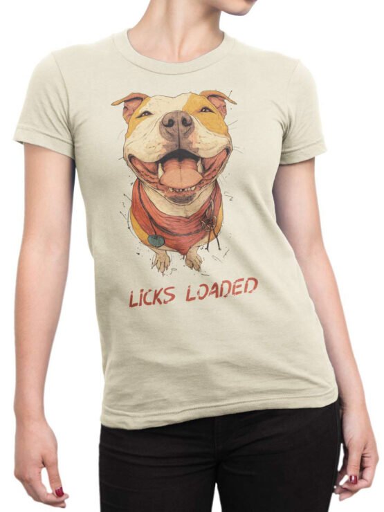 Unisex shirt on female torso showcasing Licks Loaded smiling pitbull design with playful vibe