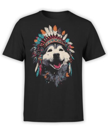 T-Shirt full view featuring Chief Howler husky design with feathered headdress on black fabric