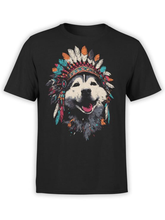 T-Shirt full view featuring Chief Howler husky design with feathered headdress on black fabric