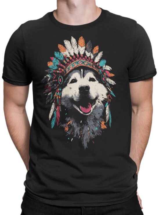 Unisex shirt on male torso styled casually, featuring Chief Howler husky graphic