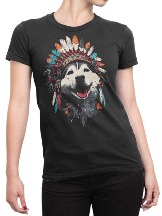 Unisex shirt on female torso showcasing Chief Howler design with bold tribal colors