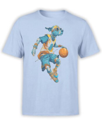 T-Shirt full view featuring Slam Dunk Pup dog mid-air with basketball on light blue fabric