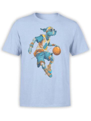 T-Shirt full view featuring Slam Dunk Pup dog mid-air with basketball on light blue fabric