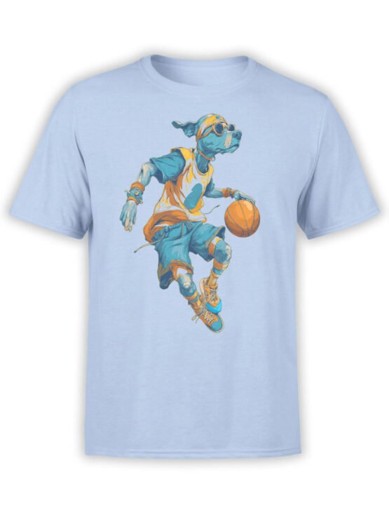 T-Shirt full view featuring Slam Dunk Pup dog mid-air with basketball on light blue fabric