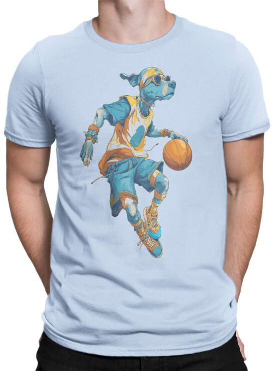 Unisex shirt on male torso styled casually, featuring Slam Dunk Pup basketball dog design
