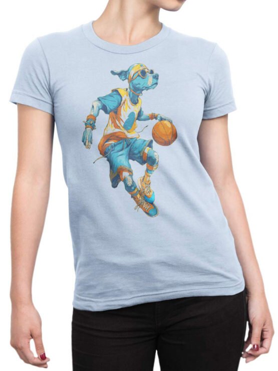 Unisex shirt on female torso showcasing Slam Dunk Pup energetic streetball graphic