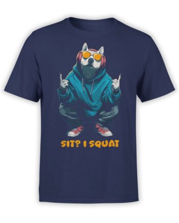 T-shirt flat lay featuring the Alpha Squat bulldog design with hoodie, shades, and bold Sit I Squat slogan.