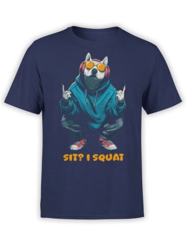 T-shirt flat lay featuring the Alpha Squat bulldog design with hoodie, shades, and bold Sit I Squat slogan.