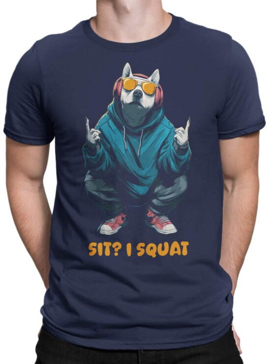 Tee on male torso showing Alpha Squat bulldog graphic with Sit I Squat slogan.
