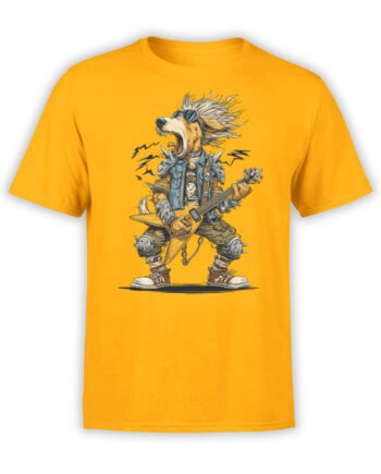 T-shirt flat lay featuring Bark N’ Roll design with rocker dog and electric guitar.