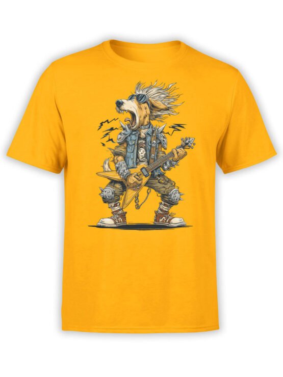 T-shirt flat lay featuring Bark N’ Roll design with rocker dog and electric guitar.