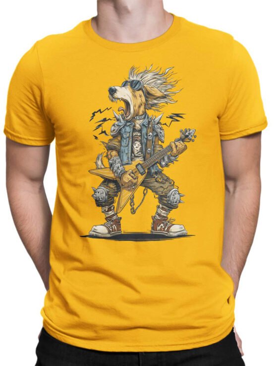 Tee on male torso featuring Bark N’ Roll rocker dog design in bold yellow.
