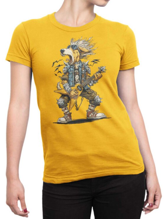 Tee on female torso styled with Bark N’ Roll dog holding guitar.