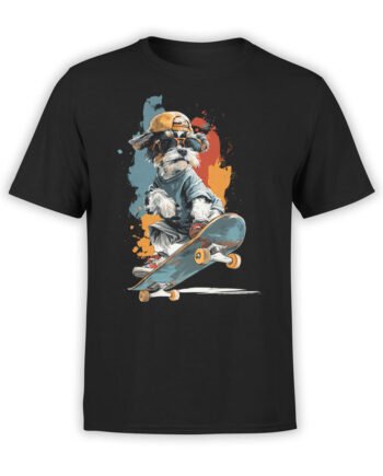 T-shirt flat lay featuring Pup Shredder dog on skateboard with colorful splash background.