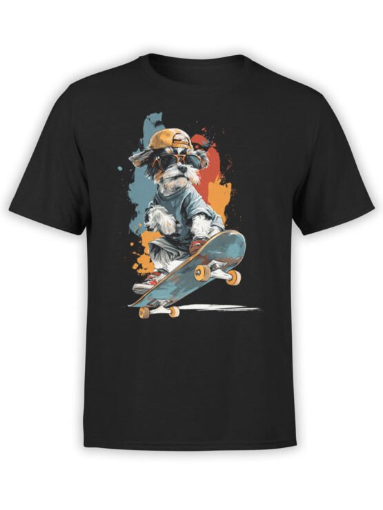 T-shirt flat lay featuring Pup Shredder dog on skateboard with colorful splash background.