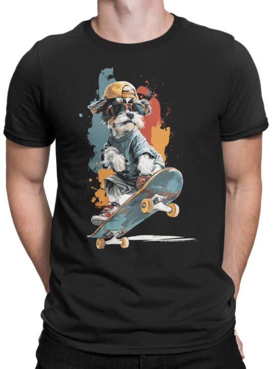 Tee on male torso featuring Pup Shredder skateboarding dog design in bold style.