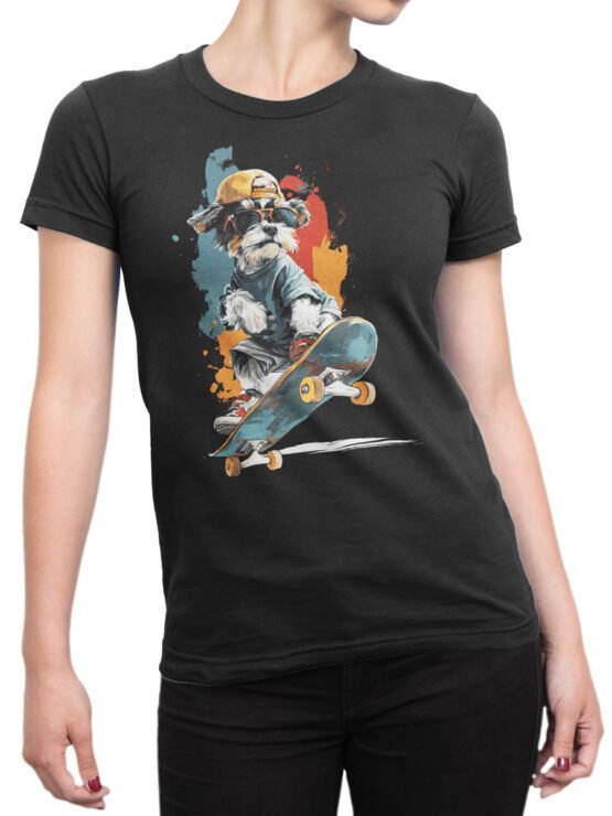 Tee on female torso styled with Pup Shredder skateboard dog and colorful graphic.