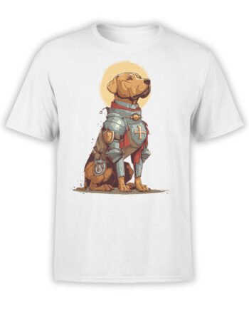 T-shirt flat lay featuring Knight Pup armored dog design with medieval cross emblem.
