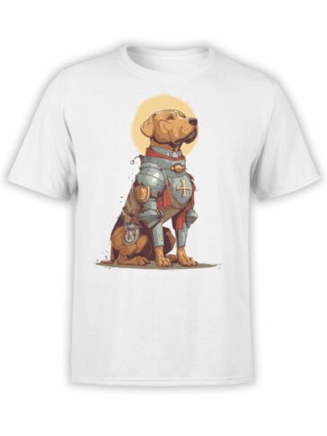 T-shirt flat lay featuring Knight Pup armored dog design with medieval cross emblem.