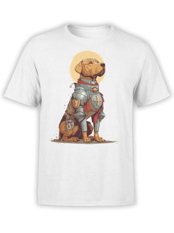 T-shirt flat lay featuring Knight Pup armored dog design with medieval cross emblem.