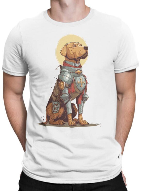 Tee on male torso featuring Knight Pup armored dog with heroic presence.