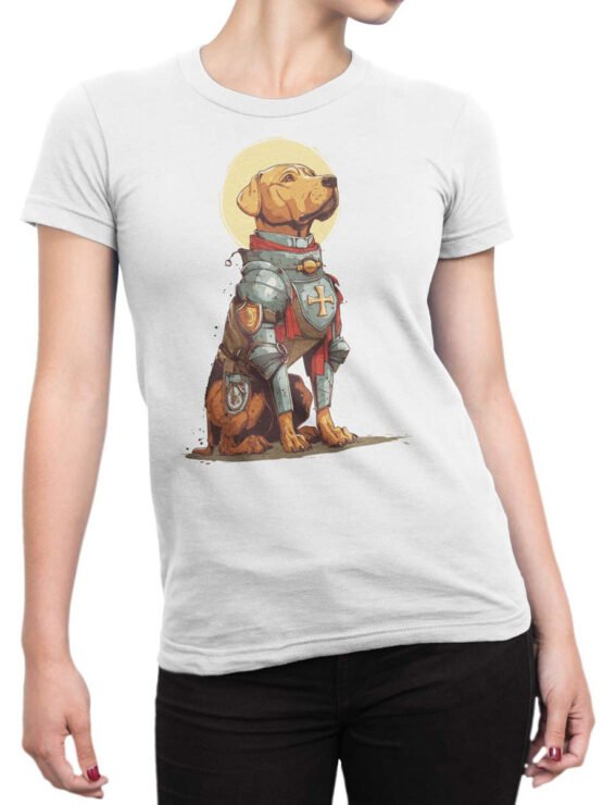 Tee on female torso styled with Knight Pup fantasy-inspired design.