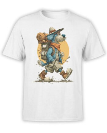 T-shirt flat lay featuring Trail Hound dog in hiking gear with backpack and boots.