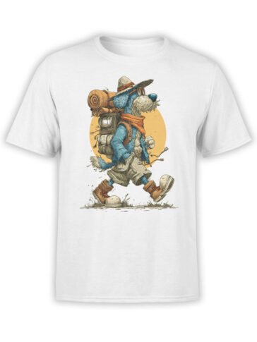 T-shirt flat lay featuring Trail Hound dog in hiking gear with backpack and boots.