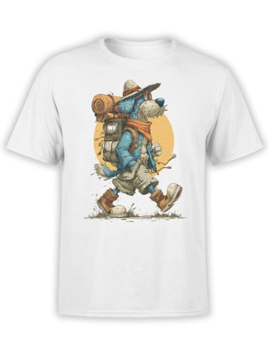 T-shirt flat lay featuring Trail Hound dog in hiking gear with backpack and boots.