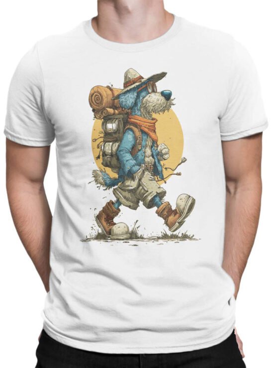 Tee on male torso featuring Trail Hound adventurer dog design in white fabric.