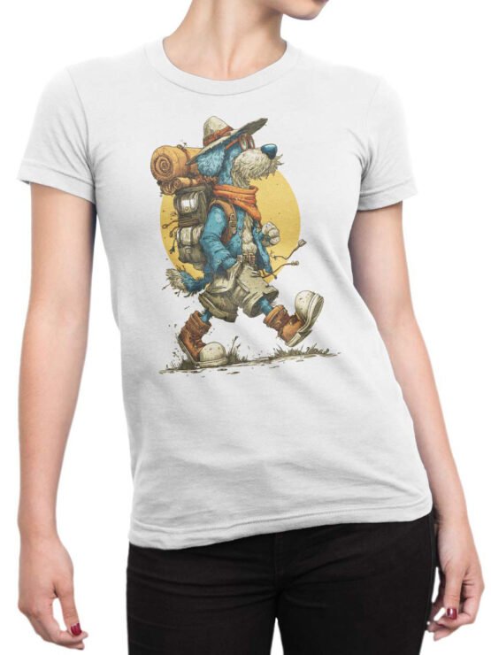 Tee on female torso styled with Trail Hound colorful hiking dog artwork.