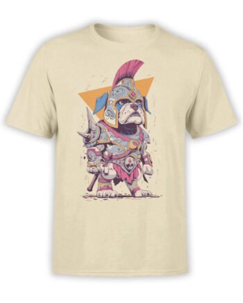 T-shirt flat lay featuring Gladiator Paws bulldog warrior design in colorful armor.