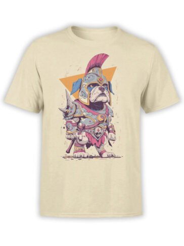 T-shirt flat lay featuring Gladiator Paws bulldog warrior design in colorful armor.