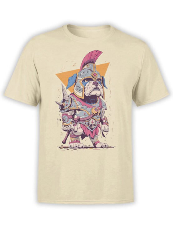 T-shirt flat lay featuring Gladiator Paws bulldog warrior design in colorful armor.