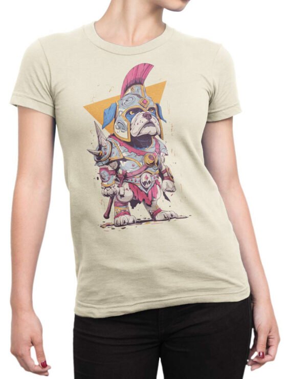 Tee on female torso styled with Gladiator Paws ancient warrior bulldog artwork.