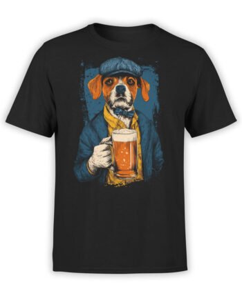 T-shirt flat lay featuring Ale Dog design with classy pup holding beer pint.
