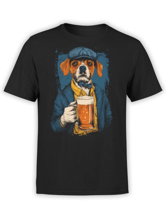 T-shirt flat lay featuring Ale Dog design with classy pup holding beer pint.