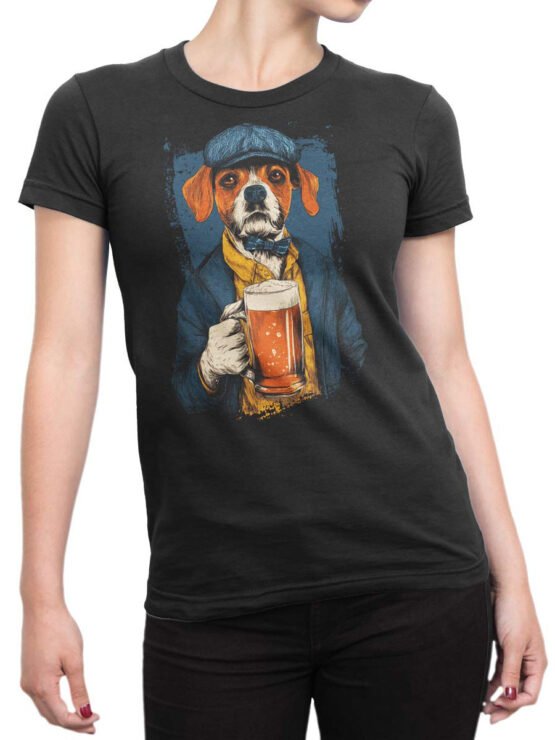 Tee on female torso styled with Ale Dog humorous beer lover artwork.