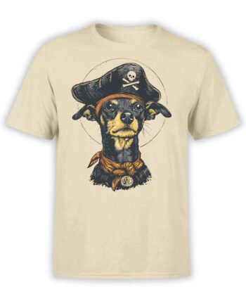 T-shirt flat lay featuring Captain Barkbeard pirate dog with skull hat and bandana.