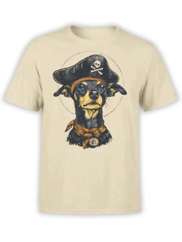 T-shirt flat lay featuring Captain Barkbeard pirate dog with skull hat and bandana.